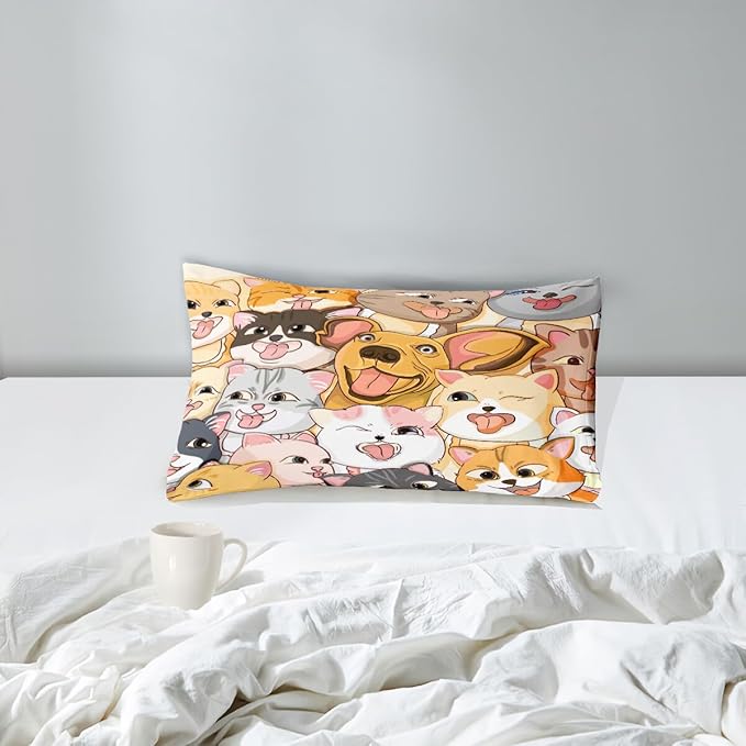 Dog Twin Comforter Set for Boys Bedroom - Dogs Cats Animal Theme Bedding Set for Living Playing Room Ultra Soft Puppy Dogs Kitten Quilt with 1 Pillowcase Kids Room Decor 2Pcs, Twin Size