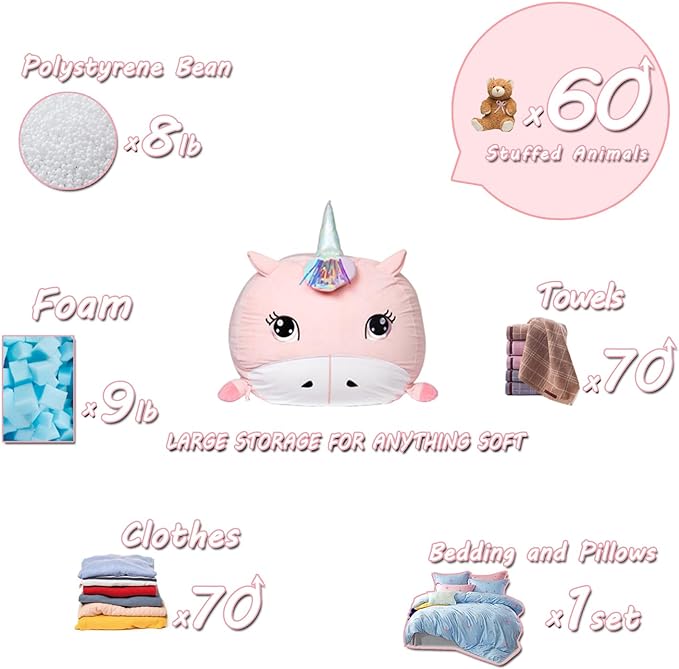 Girls Unicorn Bean Bag Chair Pink, Stuffed Animal Storage Organizer for Kids Room Decor, Extra Large Size, Velvet Super Soft Cover Only