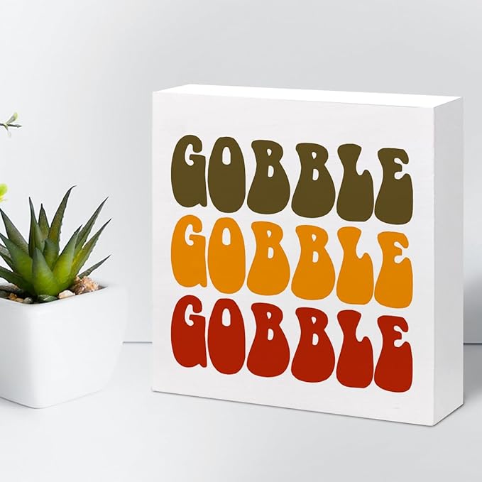 Autumn Desk Decor,Groovy Gobble Gobble Fall Thanksgiving Wood Block Sign Desk Decor,Rustic Autumn Seasonal Wooden Box Plaque Sign Desk Decor for Home Shelf Table Decorations
