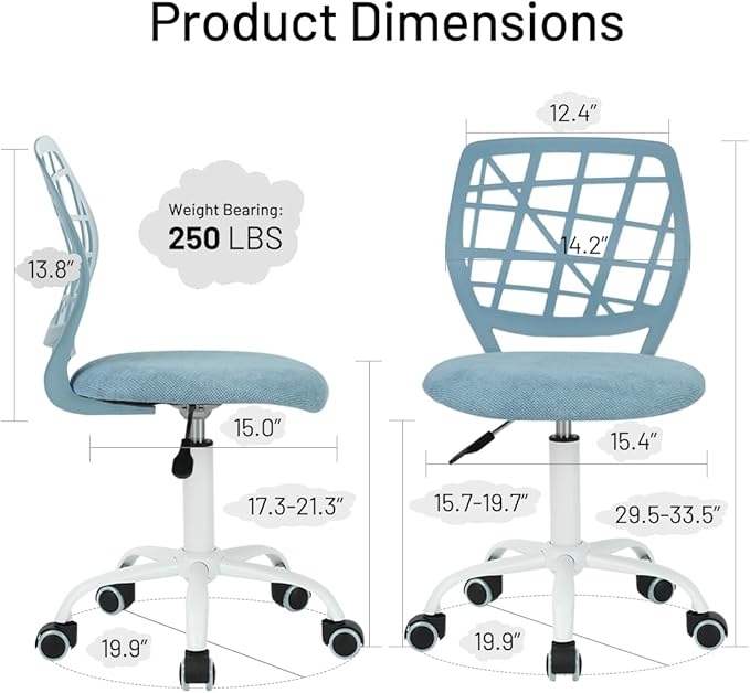 FurnitureR Child Desk Chair Office Chair Adjustable Kids Computer Task Chair Desk Chairs Swivel Armless Children Study Chair with Rolling Wheels, Light Blue