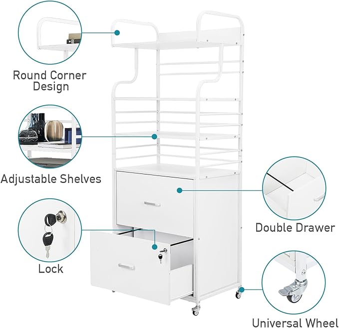 Vertical File Cabinet, 2 Drawer Mobile Filing Cabinet with 3 Bookshelf, Printer Stand with Open Storage Shelves Fits A4/Letter/Legal Size File Cabinets for Home Office Organizer, White