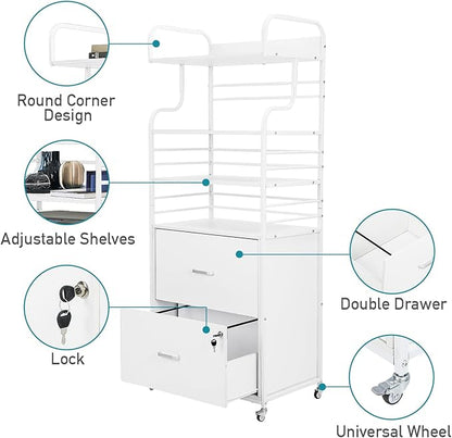 Vertical File Cabinet, 2 Drawer Mobile Filing Cabinet with 3 Bookshelf, Printer Stand with Open Storage Shelves Fits A4/Letter/Legal Size File Cabinets for Home Office Organizer, White