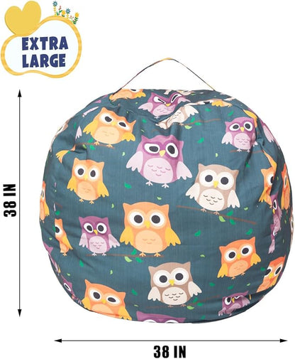 Stuffed Animal Storage Bean Bag Chair Cover, Hold Kids Plush Toys Blankets Towels Beanbag (Cover Only), Canvas Floor Circle Stuff Sit Seat Sofa with YKK Zipper, Extra Large 38", Owl