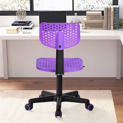 Desk Chair Armless Cute Office Chair, Low Back Rolling Home Office Task Chair Adjustable Swivel Study Chair for Girls Teens Adults Children Kids, Purple