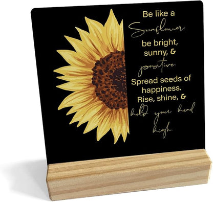 MUBIAO Sunflower Wooden Plaque Sign Desk Decor, Motivational Sunflower Quote Wood Stand Signs Desk Decor, Rustic Decor for Home Office Shelf Desk 4 x 4 Inches