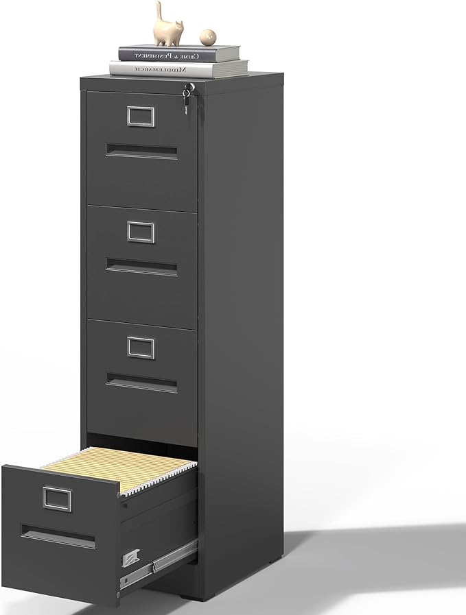 4 Drawer File Cabinet,Metal Filing Cabinets with Lock,Black Vertical File Cabinet for Home Office,Heavy Duty Metal Storage Cabinet for A4/Letter/Legal Size File,Assembly Required