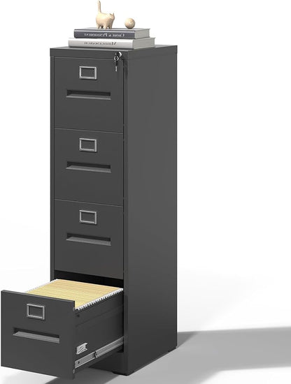 4 Drawer File Cabinet,Metal Filing Cabinets with Lock,Black Vertical File Cabinet for Home Office,Heavy Duty Metal Storage Cabinet for A4/Letter/Legal Size File,Assembly Required