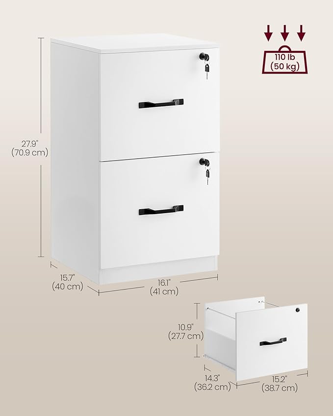 VASAGLE 2-Drawer Vertical File Cabinet, Filing Cabinet for Home Office, Printer Stand, with 2 Lockable Drawers, Adjustable Hanging Rail, for A4 and Letter-Size Files, Cloud White UOFC016W14