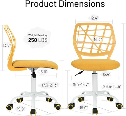 Kids Desk Chair, Fabric Office Chair Armless Small Mid Back Swivel Children Computer Task Chair Ergonomic Height Adjustable Study Chairs with Swivel Padded Cushion and Rolling Wheels, Yellow