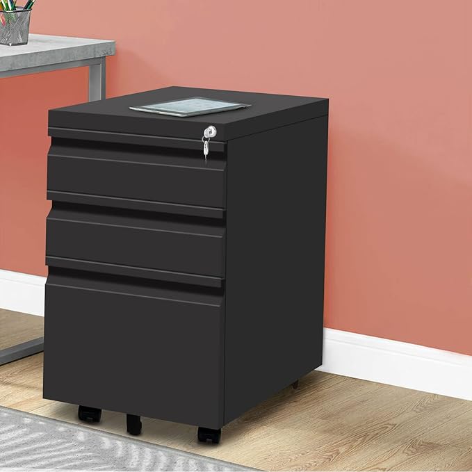 3-Drawer Mobile File Cabinets Rolling Metal Filing Cabinet for Legal & Letter File Anti-tilt Design with Lock Under Desk Office Drawers Fully Assembled Except Casters Black