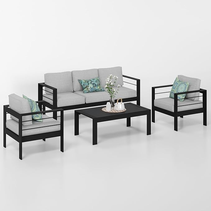 Solaste Aluminum Patio Furniture Set, 4 Pcs Modern Outdoor Conversation Set Sectional Sofa with Upgrade Cushion and Coffee Table,Black Frame and Grey Cushion