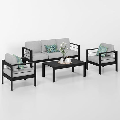 Solaste Aluminum Patio Furniture Set, 4 Pcs Modern Outdoor Conversation Set Sectional Sofa with Upgrade Cushion and Coffee Table,Black Frame and Grey Cushion