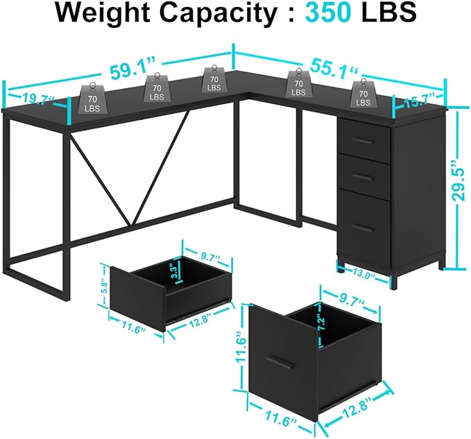 HSH Large Black L Shaped Desk, Corner Wood Computer Desk with Drawer, Modern Work Home Office Desk with Storage Cabinet, Industrial Executive PC Study Writing Desk for Living Bedroom, Black, 59 Inch