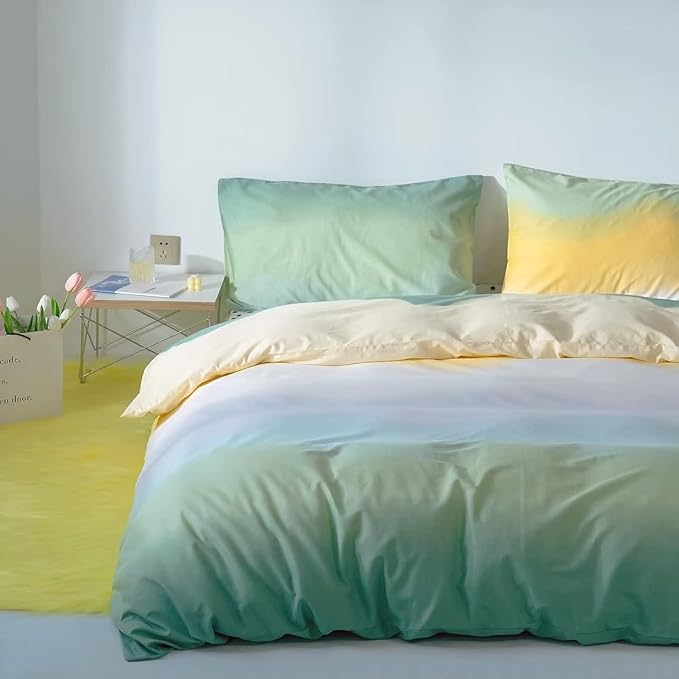 Green Gradient Comforter Set Queen Sage Green and Yellow Rainbow Bedding Comforter Set Multicolor Yellow Light Green Bedding Set Cotton Blanket Quilts Rainbow Color Comforter Set for Queen Bed