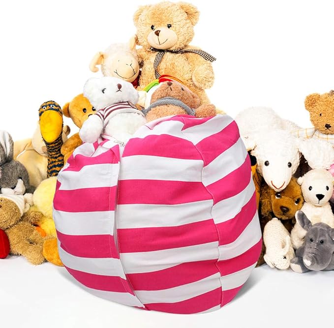 27Inch Stuffed Animal Storage Bean Bag Chairs for Kids, stuff and sit storage bean bag cover for organizing boys and girls Plush Toy Gift Christmas Gift for Kids—Pink