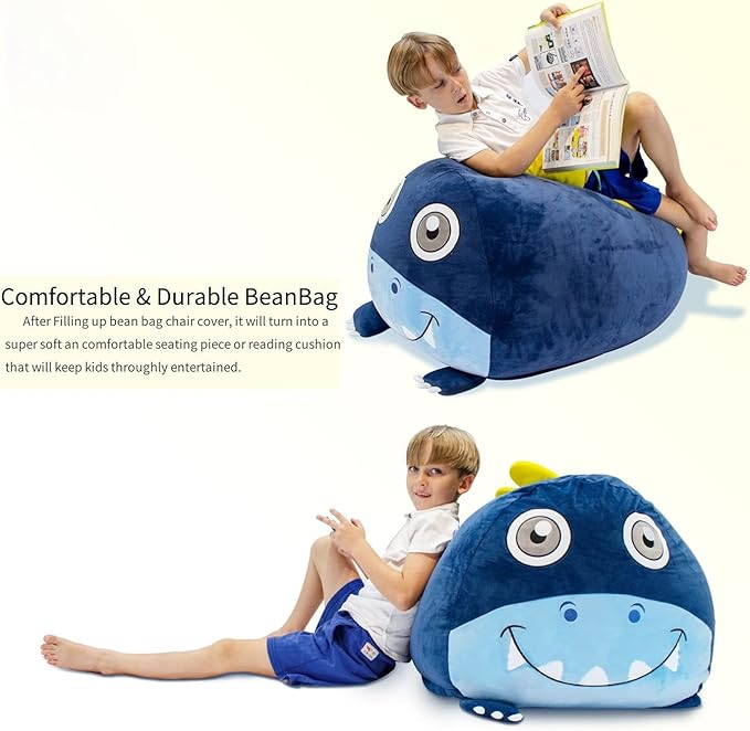 Dinosaur Bean Bag Chairs for Boys Room Decorations, Stuffed Animal Storage, Velvet Fabric Super Soft Large Size Cover Only