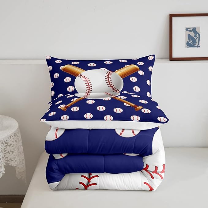 Feelyou Baseball Comforter Set Sports Bedding Set Ball Comforter for Kids Boys Girls Baseball Games Blue Duvet Set Room Decor Quilt Baseball Bat Print Twin Size Boys