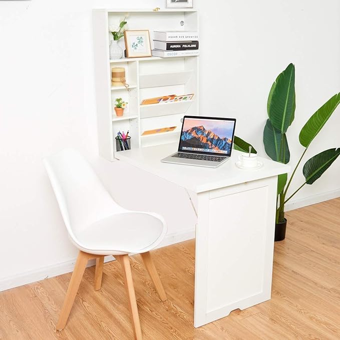LUARANE Wall Mounted Table, Foldable Multiple-purpose Desk, Fold Out Wood Convertible Writing Desk Bookshelf Cabinet, Large Storage Space, Ideal for Home Office Study (White)