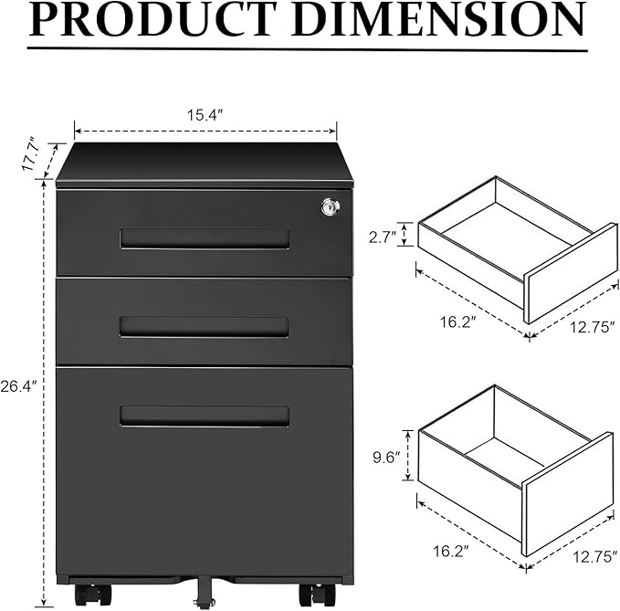 3-Drawer Mobile File Cabinets Rolling Metal Filing Cabinet for Legal & Letter File Anti-tilt Design with Lock Under Desk Office Drawers Fully Assembled Except Casters Black(Style 3)