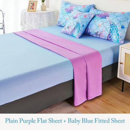 URBONUR Mermaid Tail Bedding Set Queen Size, 6Pcs Fish Scales Print Bed in a Bag Girls Queen Comforter Set, Ombre Aqua Blue Teal Pink Purple Bed Sets for Girls Bedroom Decor