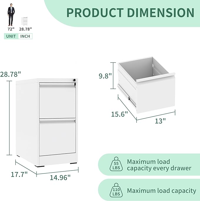 2 Drawer File Cabinet with Lock, Metal Vertical Filing Cabinets for Home Office, Steel Storage Cabinet for Hanging Legal/Letter Size Files, Assembly Required (White)