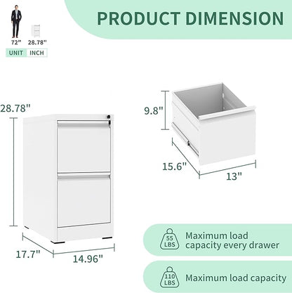 2 Drawer File Cabinet with Lock, Metal Vertical Filing Cabinets for Home Office, Steel Storage Cabinet for Hanging Legal/Letter Size Files, Assembly Required (White)