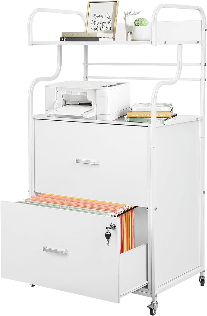 Vertical File Cabinet, 2 Drawer Mobile Filing Cabinet with 1 Bookshelf, Printer Stand with Open Storage Shelves Fits A4/Letter/Legal Size File Cabinets for Home Office Organizer, White