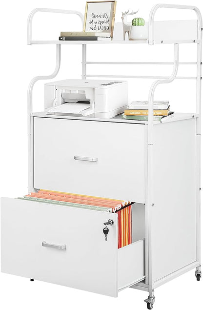 Vertical File Cabinet, 2 Drawer Mobile Filing Cabinet with 1 Bookshelf, Printer Stand with Open Storage Shelves Fits A4/Letter/Legal Size File Cabinets for Home Office Organizer, White