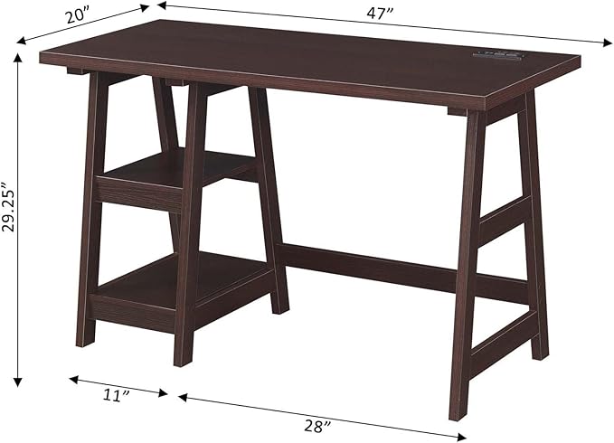 Convenience Concepts Designs2Go Trestle Desk with Charging Station and Shelves, Espresso