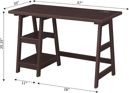 Convenience Concepts Designs2Go Trestle Desk with Charging Station and Shelves, Espresso