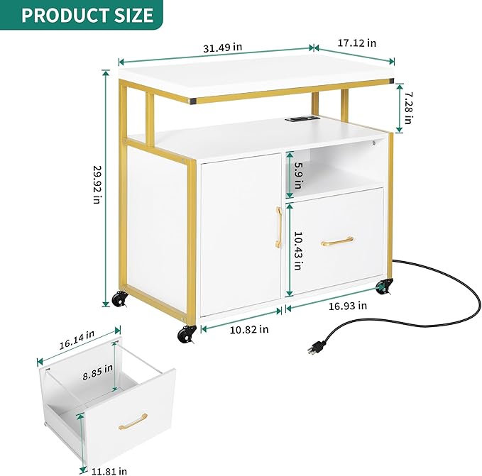 YITAHOME Wood File Cabinet with Charging Station, Rolling Filing Cabinet Cart with Door, Industrial Nightstand with Printer Shelf for Home Office, Bedroom, Living Room, Entryway, Gold and White
