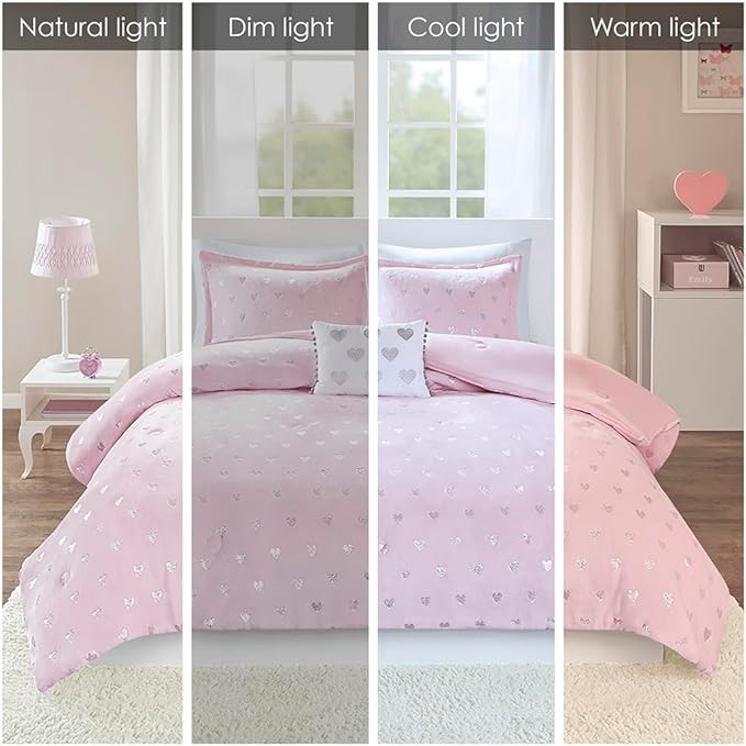Mi Zone Rosalie Comforter Set for Girls, Ultra-Soft Microlight Plush Metallic Printed Hearts Brushed Reverse Overfilled Down Alternative Hypoallergenic All Season, Twin/Twin XL, Pink/Silver, 3 Piece