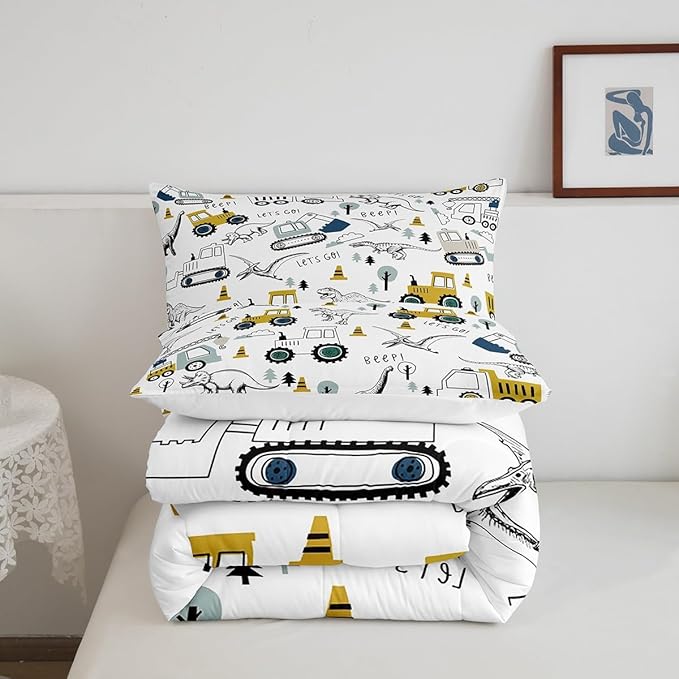 Feelyou Construction Comforter Set Queen Size Kids Cartoon Car Excavator Tractor Toddler Comforter Equipment Trucks Dinosaur Comforter Set Construction Vehicles White Yellow Duvet Set Quilt Set