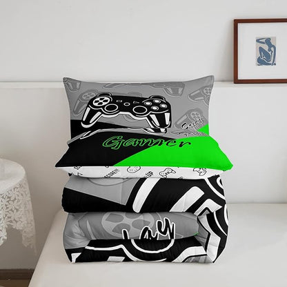 Feelyou Gamer Comforter Set Gaming Bedding Set for Teens Boys Video Game Decor Comforter Game Controller Quilted Duvet Set 1 Comforter with 2 Pillowcases King Green
