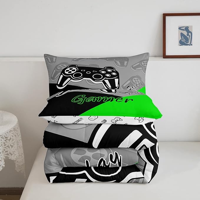 Feelyou Gamer Comforter Set Gaming Bedding Set for Teens Boys Video Game Decor Comforter Game Controller Quilted Duvet Set 1 Comforter with 1 Pillowcase Twin Green