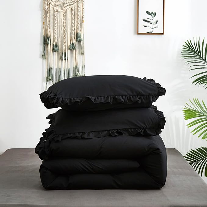 Black Ruffled Comforter Set Cal King Size Bedding Set Women Black Ruffles Blanket Men California King Ruffled Comforter Farmhouse Ruffle Fringe Design Girls 3 PCs Black Ruffled Bedding Set