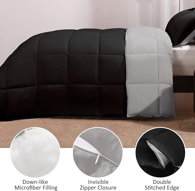 Basic Beyond Queen Comforter Set - Fluffy Comforter Queen Set for All Seasons - Reversible Black and Grey Queen Comforter Set for Mens - 3 Pieces (1 Comforter + 2 Pillow Shams)