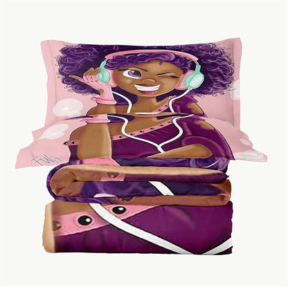 Twin Bedding Sets for Girls, Cute African American Black Girl Magic Comforter Set, Pink Bed Set for Toddler Kids Teenager, Gift for Little Girls Bedroom Decor, 1 Comforter with 2 Pillowcases