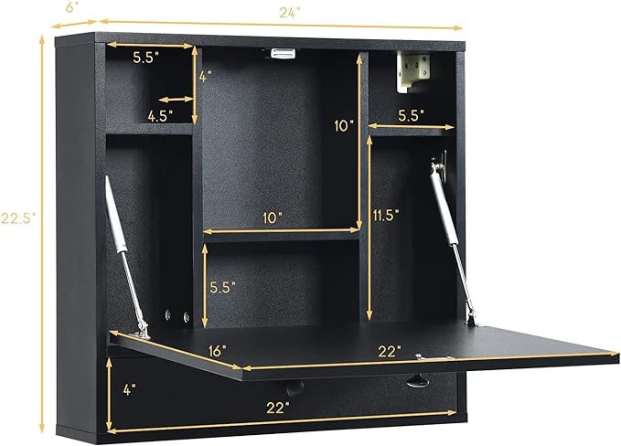 2 in 1 Foldable Tabletop, Folding Wall Mount Laptop Storage Compartments Space Saving Floating Desk, Black