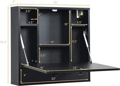 2 in 1 Foldable Tabletop, Folding Wall Mount Laptop Storage Compartments Space Saving Floating Desk, Black