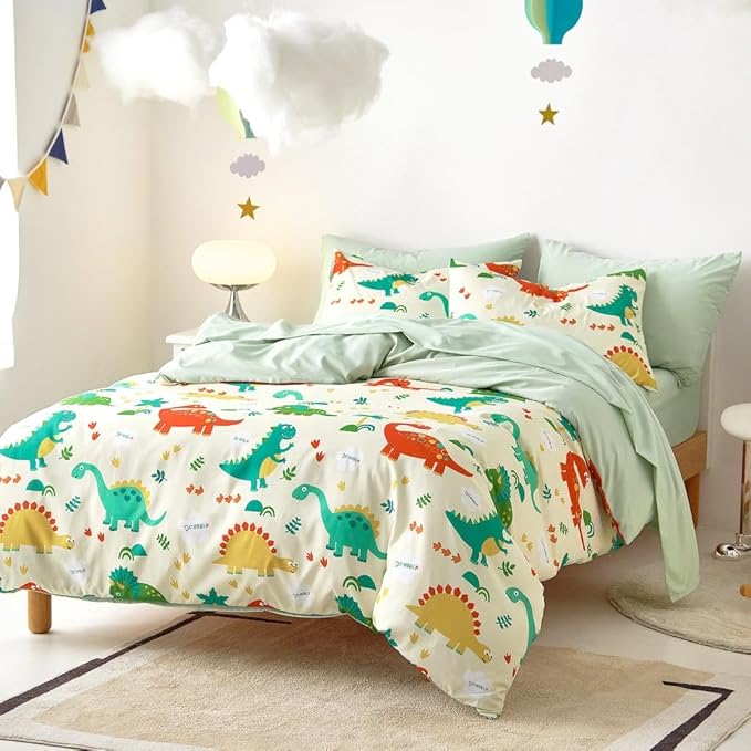 Wake In Cloud - Dinosaur Bedding Set for Boys, Cute Colorful Dinosaur Comforter Set with Sheets, 5 Pieces Kids Bed in a Bag, Cream Green, Twin Size