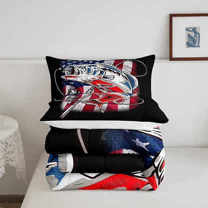 American Flag Comforter Set Farmhouse Fishing Bedding Set for Kids Boys Girls Teens Room Wild Fish Decor Comforter Red Blue Stripe Quilted Set 2Pcs Twin Size