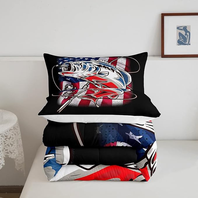 American Flag Comforter Set Farmhouse Fishing Bedding Set for Kids Boys Girls Teens Room Wild Fish Decor Comforter Red Blue Stripe Quilted Set 3Pcs Queen Size