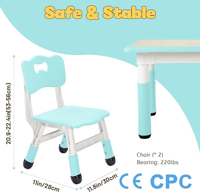 FUNLIO Adjustable Kids Chair (2pcs), 3 Level Height Adjustable Toddler Chair for Ages 3-8, Sturdy Child Chair with Maximum Bearing 220lbs, for Classrooms/Daycares/Homes, CPC & CE Approved - Green
