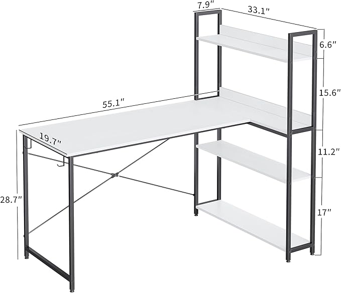 BANTI Computer Corner Desk with Storage Shelves, 55 Inch Small L Shaped Computer Desk, Home Office Writing Desk with 2 Hooks, White