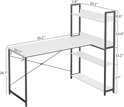 BANTI Computer Corner Desk with Storage Shelves, 55 Inch Small L Shaped Computer Desk, Home Office Writing Desk with 2 Hooks, White