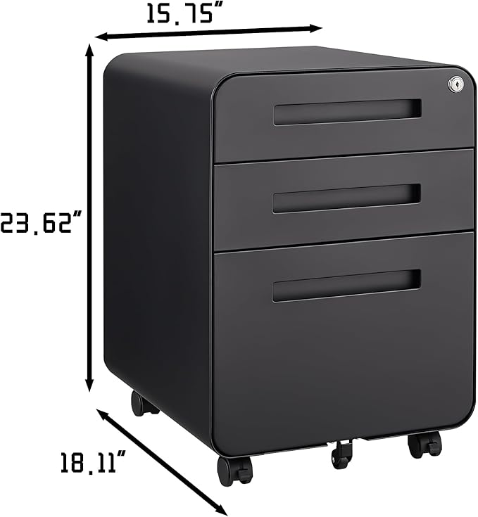 3 Drawer Mobile Desk Office with Lock and Wheels,Versatile Storage Cabinets w/Anti-Tilting Cold Rolled Steel Waterproof Moisture-Proof,for Legal/Letter/A4 Files,Black