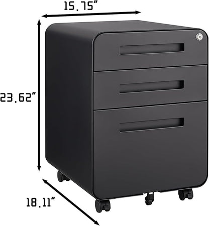 3 Drawer Mobile Desk Office with Lock and Wheels,Versatile Storage Cabinets w/Anti-Tilting Cold Rolled Steel Waterproof Moisture-Proof,for Legal/Letter/A4 Files,Black