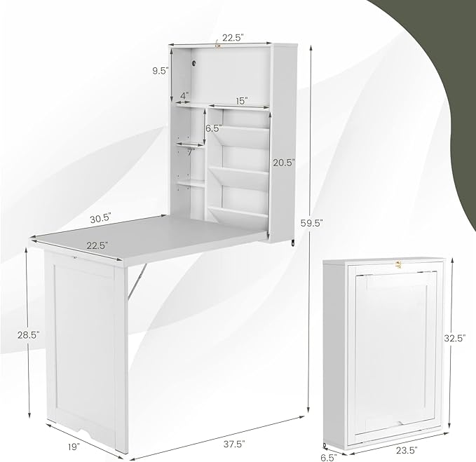 Wall Mounted Table w/Classified Storage Space, Foldable Multiple-Purpose Desk, Sturdy Wood Structure, White