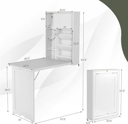Wall Mounted Table w/Classified Storage Space, Foldable Multiple-Purpose Desk, Sturdy Wood Structure, White